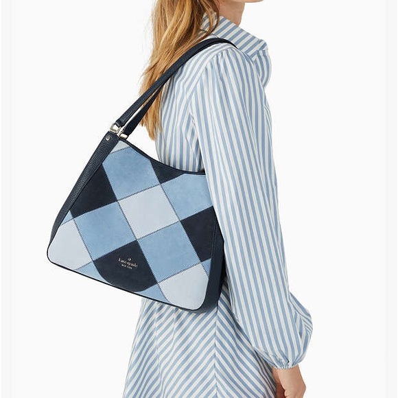 NWT-Kate Spade-Leila-Med 3 Compartment Shoulder-Patchwork Suede-Blazer Blue-$479 - Picture 15 of 15